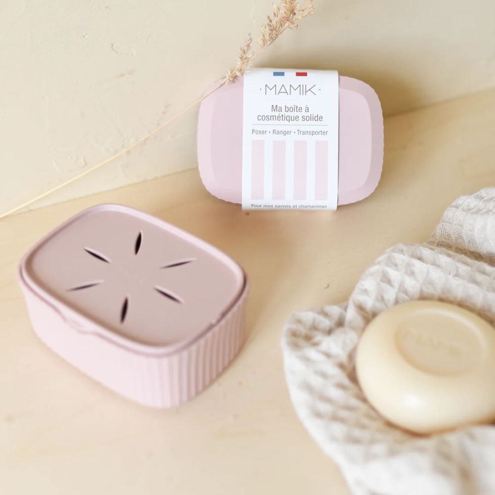 Boite à savon shampoing rectangle Mamik - rose poudré - porte savon intégré