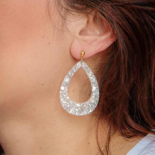 Boucles d'oreilles - Gouttes paillettes - Blanc glacier