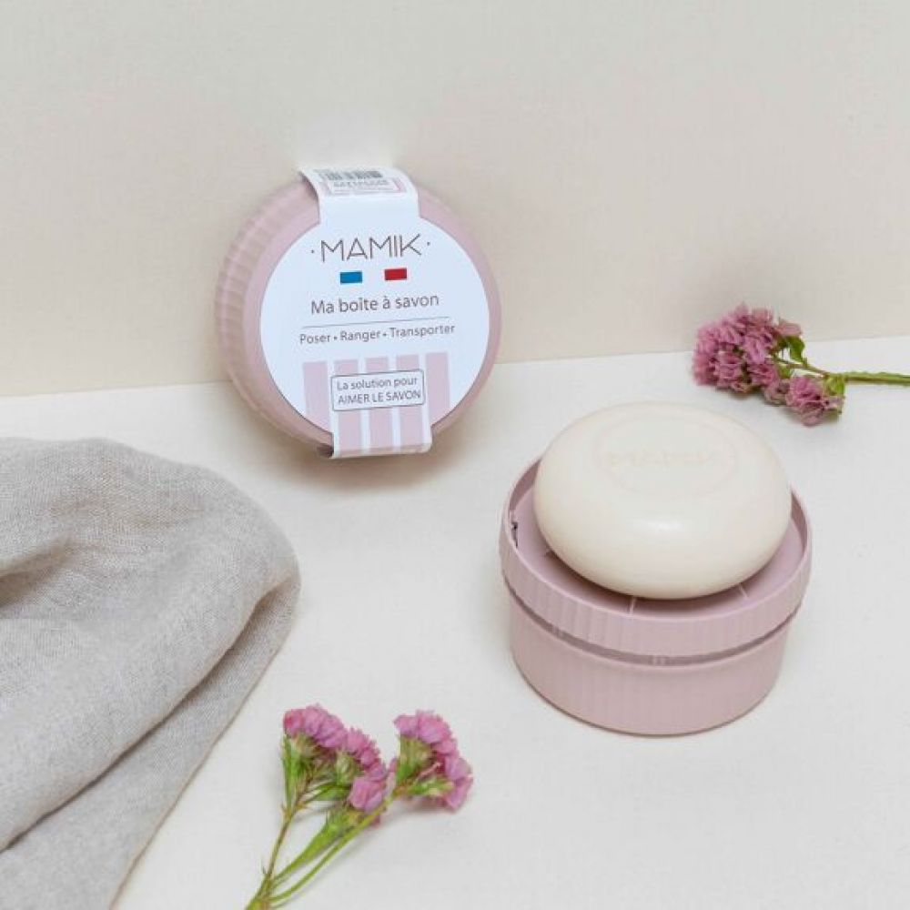 Boite à savon shampoing ronde Mamik - rose poudré - porte-savon intégré